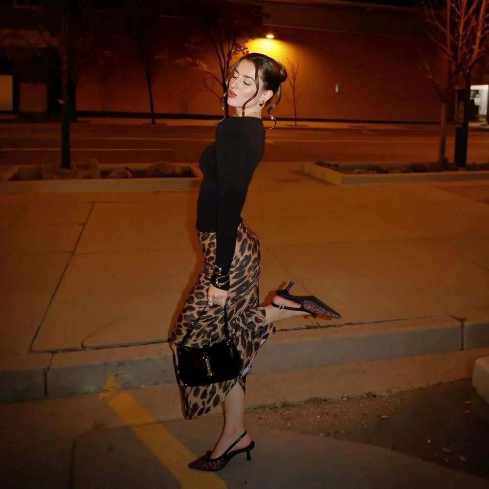 Women's Leopard Mesh Slingback Kitten Heels Bow Ankle Strap Pointed Toe Heel